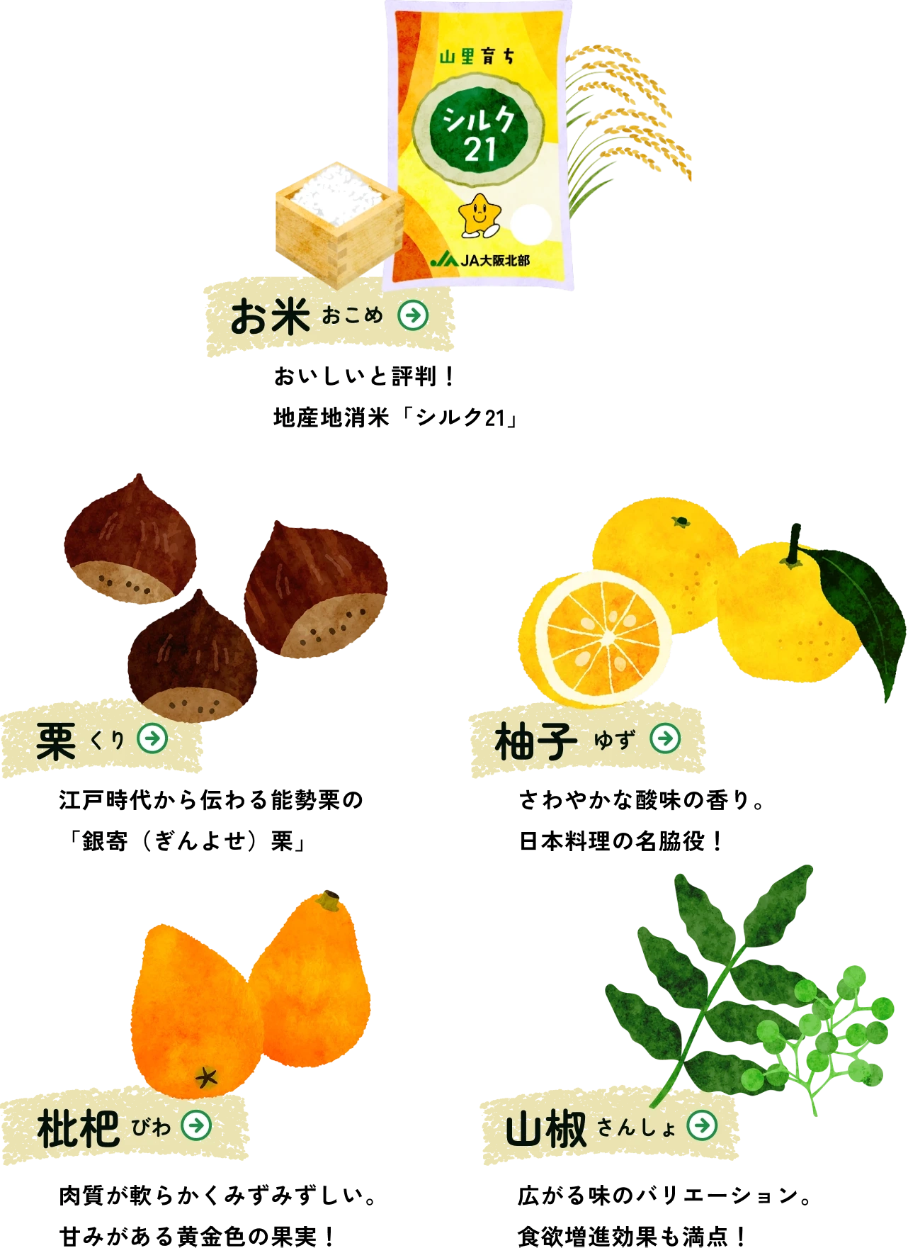 JA大阪北部の特産物（お米、栗、柚子、枇杷、山椒）
