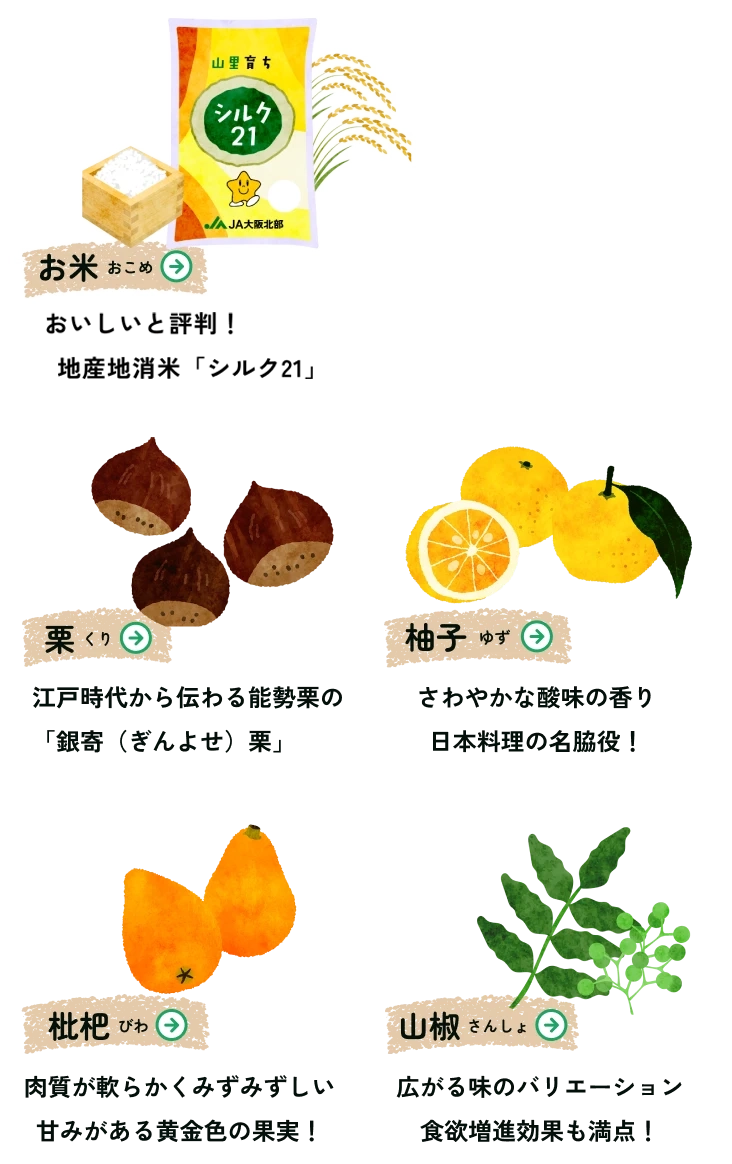 JA大阪北部の特産物（お米、栗、柚子、枇杷、山椒）